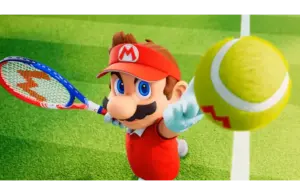A cartoon character in a red outfit and visor, holding a tennis racket, hits a tennis ball on a vibrant green court, conveying energy and focus. Mario Tennis Fever