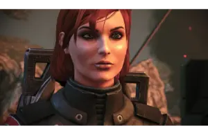 FemShep VA, Jennifer Hale, A Red-haired female character in futuristic armor, gazing confidently. Background shows rocky terrain, evoking a sci-fi, adventurous tone.
