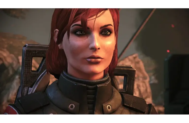 FemShep VA, Jennifer Hale, A Red-haired female character in futuristic armor, gazing confidently. Background shows rocky terrain, evoking a sci-fi, adventurous tone.
