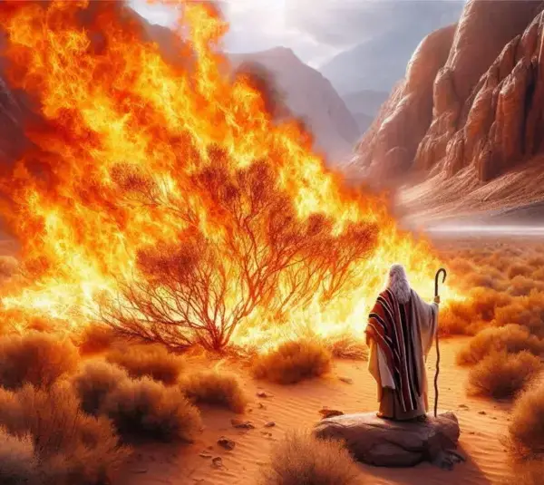 Moses faces the burning bush as in Exodus in the bible.
