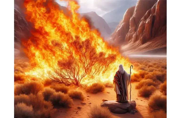 Moses faces the burning bush as in Exodus in the bible.