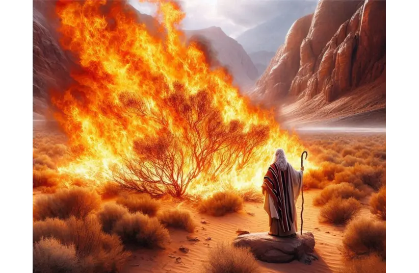 Moses faces the burning bush as in Exodus in the bible.