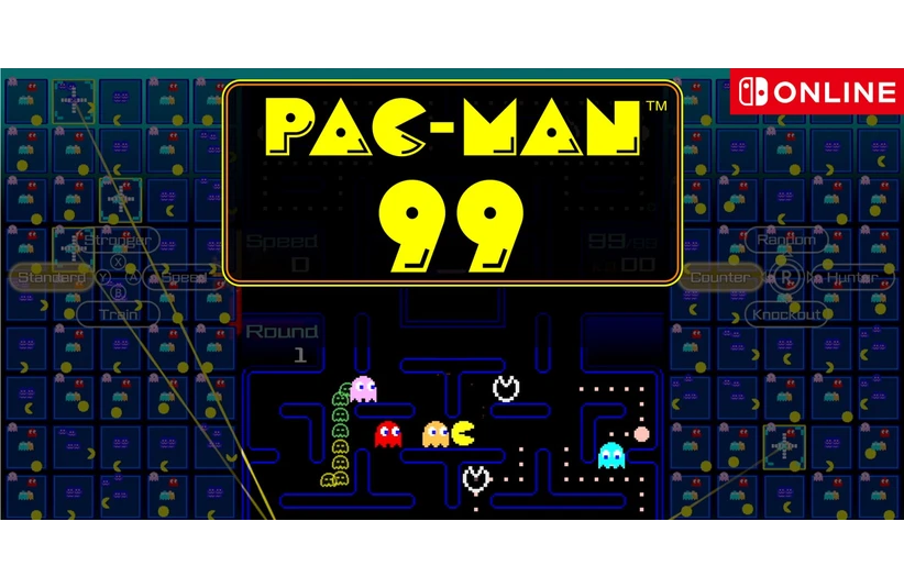Image of "Pac-Man 99" game interface. Central maze with Pac-Man chased by colorful ghosts. Background shows multiple player screens. Exciting and competitive tone.