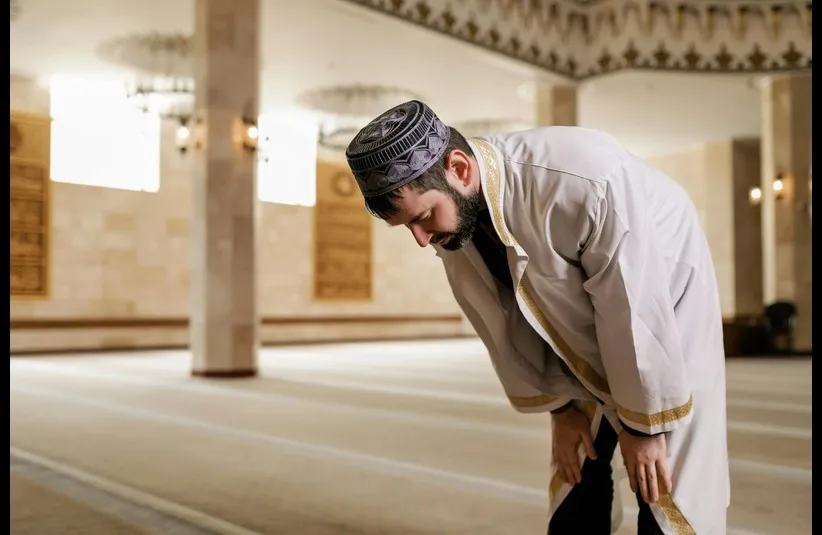 In the daily devotion, a man is bowing in prayer.