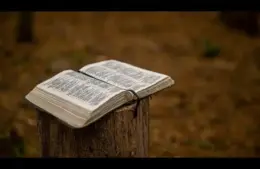 In daily devotion, an open Bible is outside sitting on a post