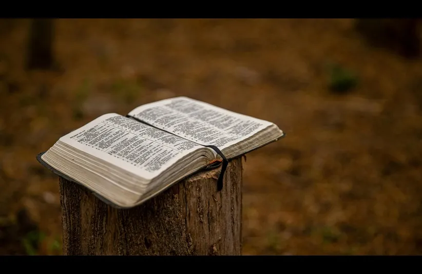 In daily devotion, an open Bible is outside sitting on a post, maybe open to Exodus.