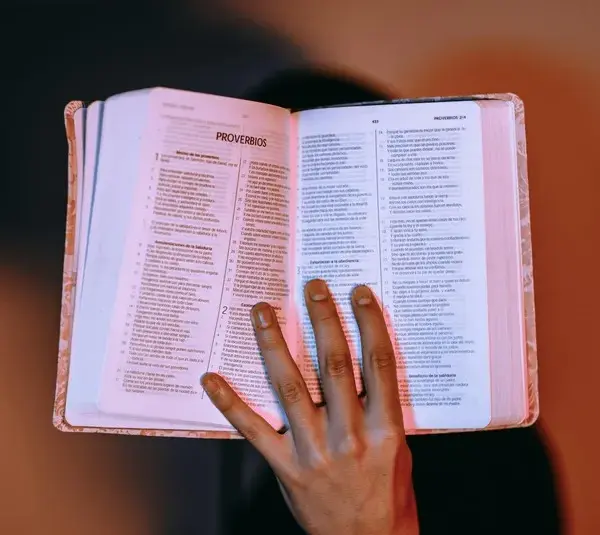 In Daily Devotion, a lady's hand is holding the BIble open to Proverbs.