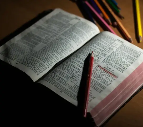 Daily devotion shows an open Bible with pen and highlights.