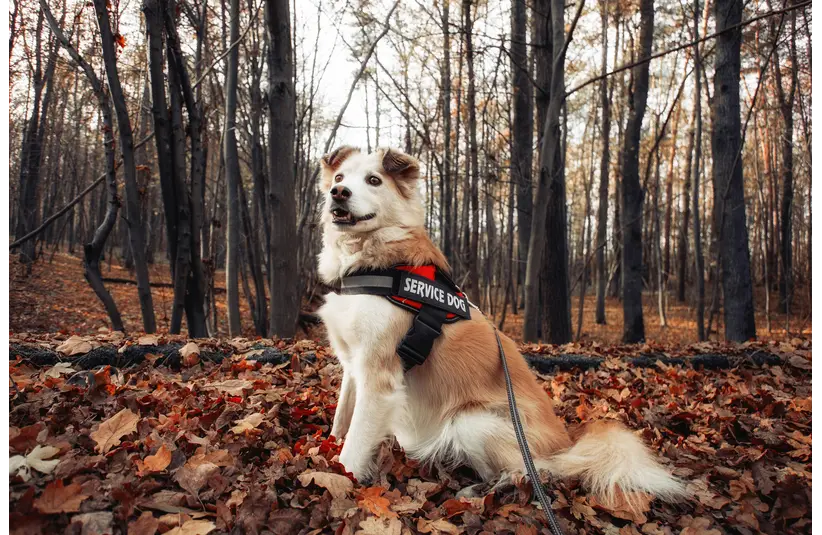 Service Dog in Autumnal Forest Setting