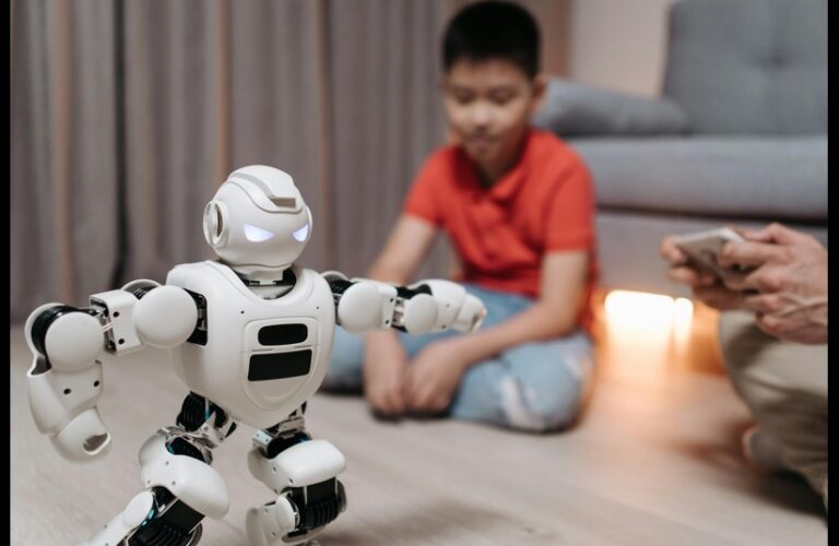 A young boy and a robot at CES, where smart home products are being unveiled.