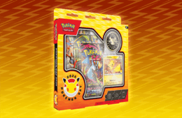 Pokemon training cards in a yellow package, in front of an orange background.