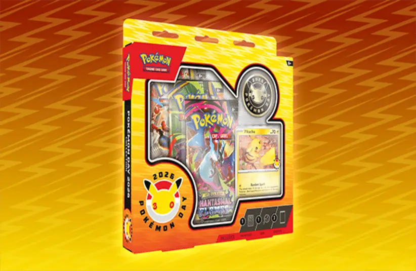 Pokemon training cards in a yellow package, in front of an orange background.