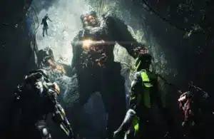 Anthem player characters are faces giant tree or stone like giants in a heavily forested area