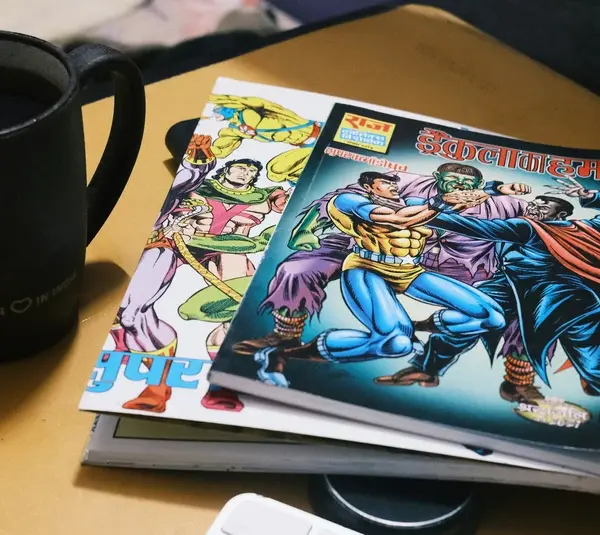A stack of colorful comics featuring superheroes lies on a table next to a black coffee mug. The scene feels cozy and nostalgic.
