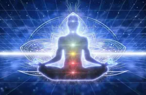 Image of A glowing figure meditates in a lotus position, with colorful chakras aligned, set against a cosmic, grid-like backdrop, evoking serenity, confidence and spiritual energy to represent the solar plexus chakra