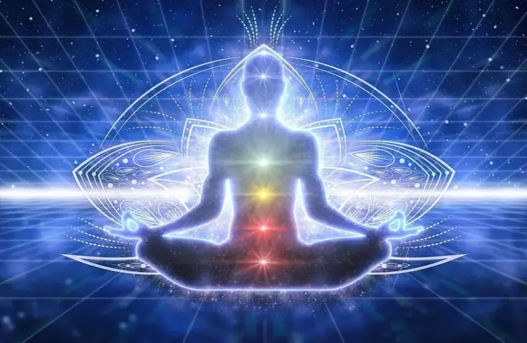 Image of A glowing figure meditates in a lotus position, with colorful chakras aligned, set against a cosmic, grid-like backdrop, evoking serenity, confidence and spiritual energy to represent the solar plexus chakra
