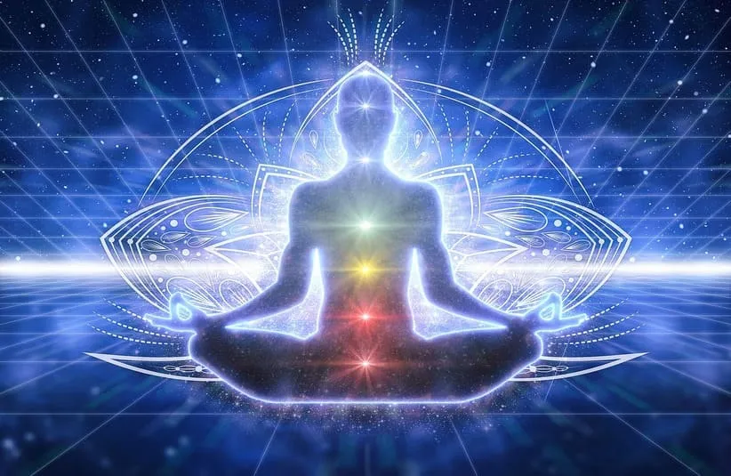 Image of A glowing figure meditates in a lotus position, with colorful chakras aligned, set against a cosmic, grid-like backdrop, evoking serenity, confidence and spiritual energy to represent the solar plexus chakra