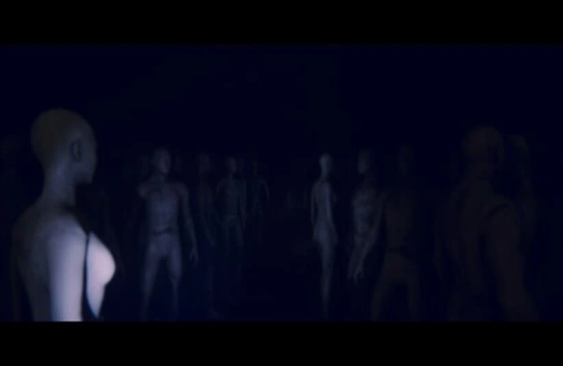 Dark scene with numerous mannequin-like figures standing together, casting a mysterious, eerie atmosphere. Figures are dimly lit in bluish tones.