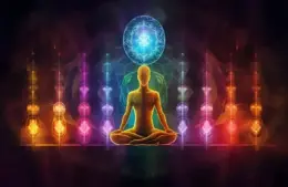 Image of A glowing figure meditates in the lotus position, surrounded by vivid, multicolored energy patterns. A radiant blue sphere hovers above, suggesting enlightenment. representing the throat chakra