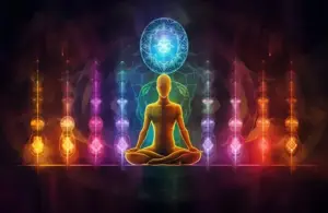 Image of A glowing figure meditates in the lotus position, surrounded by vivid, multicolored energy patterns. A radiant blue sphere hovers above, suggesting enlightenment. representing the throat chakra