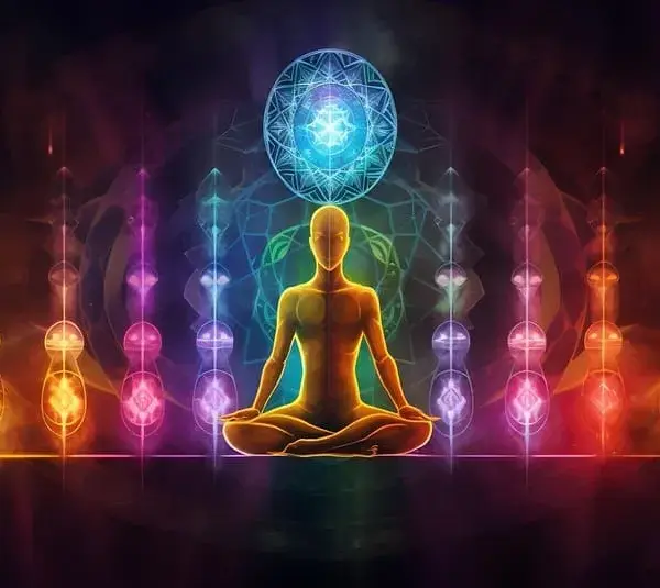 Image of A glowing figure meditates in the lotus position, surrounded by vivid, multicolored energy patterns. A radiant blue sphere hovers above, suggesting enlightenment. representing the throat chakra