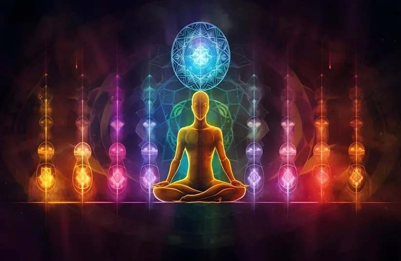 Image of A glowing figure meditates in the lotus position, surrounded by vivid, multicolored energy patterns. A radiant blue sphere hovers above, suggesting enlightenment. representing the throat chakra