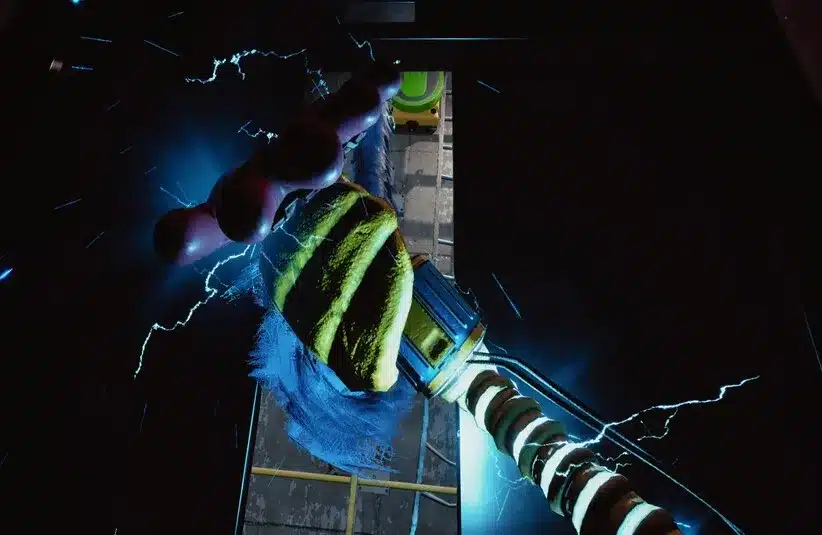 Huggy grabs your red hand from your grab pack in Poppy Playtime Chapter 5