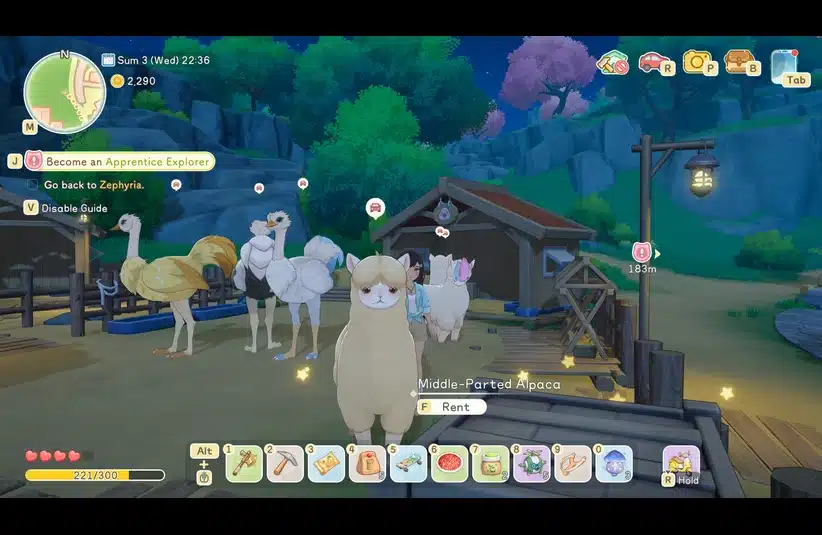 Screenshot from Starsand Island showing animals available to rent as mounts, alpaca, ostrich, Life Sim, Seed Sparkle Lab