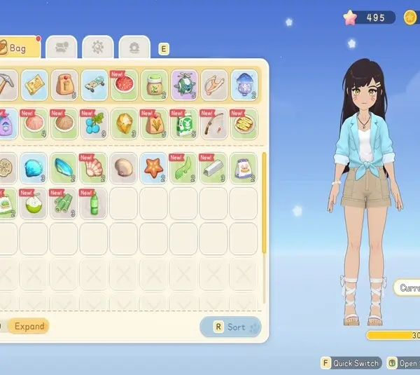 Starsand Island game screen showing an inventory menu on the left with various items labeled "new," and a female avatar on the right in a blue shirt and shorts.