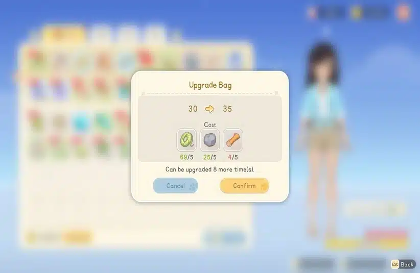 Game interface of Starsand Island showing a bag upgrade screen. Bag capacity increases from 30 to 35. Costs displayed with resources and the confirm button highlighted.