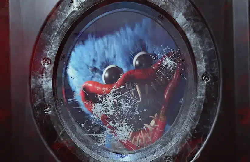 Huggy Wuggy screaming into a cracked window of a door he is trying to busy open in Poppy Playtime Chapter 5