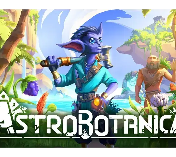 AstroBotanica has a fantasy creature with blue skin, holding a tool, stands confidently in a lush, vibrant jungle. A bearded figure and the title "AstroBotanica" are visible.