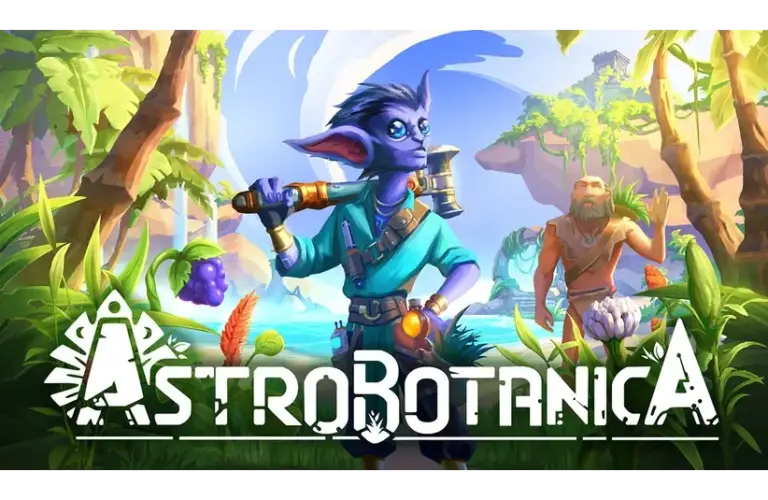 AstroBotanica has a fantasy creature with blue skin, holding a tool, stands confidently in a lush, vibrant jungle. A bearded figure and the title "AstroBotanica" are visible.