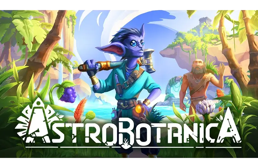 AstroBotanica has a fantasy creature with blue skin, holding a tool, stands confidently in a lush, vibrant jungle. A bearded figure and the title "AstroBotanica" are visible.