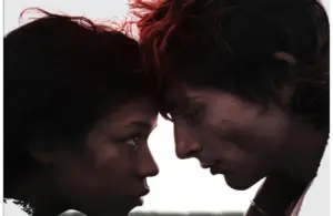 Movie poster for romantic horror film, Bones and All for a Valentine's Day horror movie option, two lovers eating people across the USA