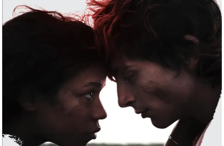 Movie poster for romantic horror film, Bones and All for a Valentine's Day horror movie option, two lovers eating people across the USA