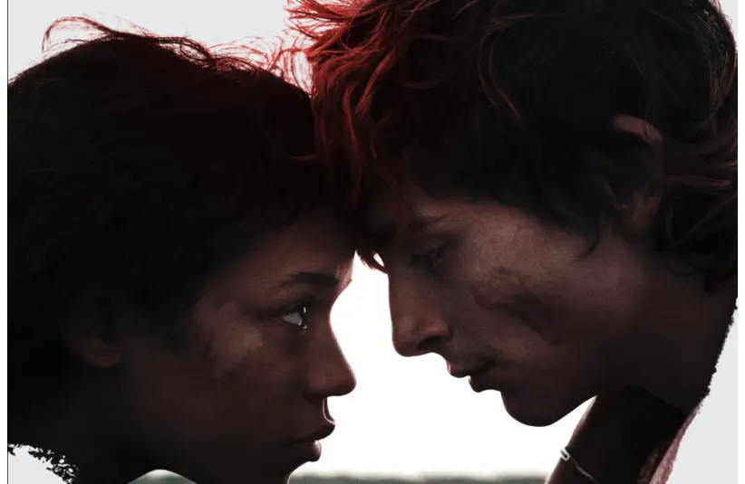 Movie poster for romantic horror film, Bones and All for a Valentine's Day horror movie option, two lovers eating people across the USA