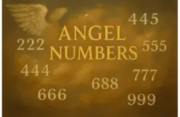 Golden angel numbers, including 222, 444, 666, and others, appear against a warm, cloudy background beside a floating angel wing, evoking a mystical tone.