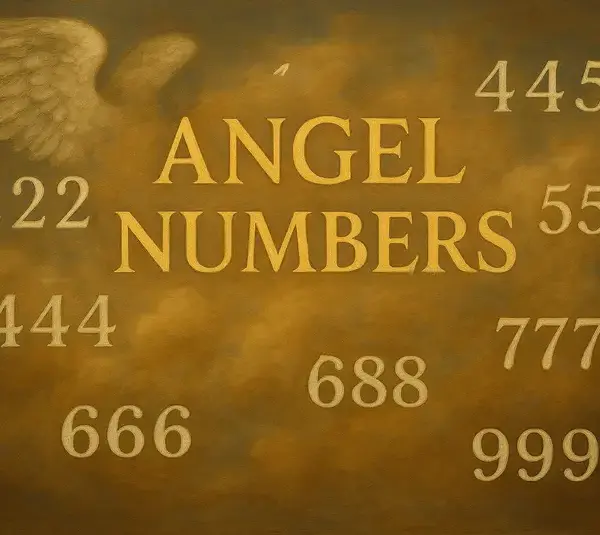 Golden angel numbers, including 222, 444, 666, and others, appear against a warm, cloudy background beside a floating angel wing, evoking a mystical tone.