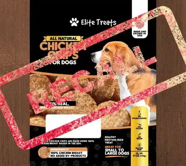 Elite Treats dog treats packaging with recall stamped over the top
