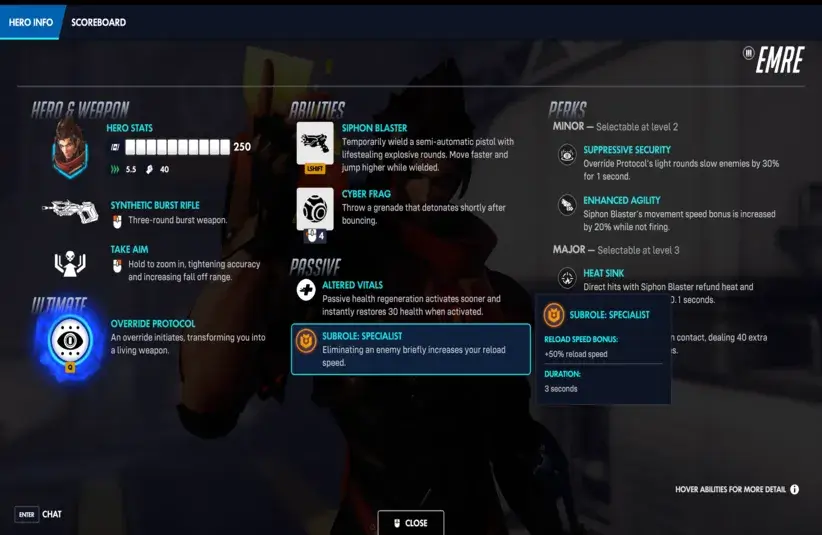 Emre's Kit in Overwatch, showing off the Specialist Subrole