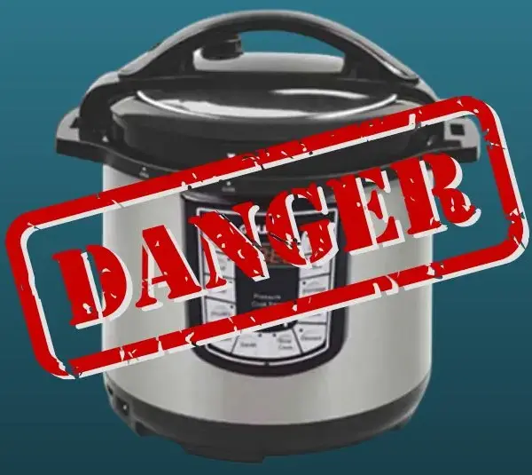 A Gourmia pressure cooker on a blue background with a bold red "DANGER" stamp overlay, conveying a warning or risk message.