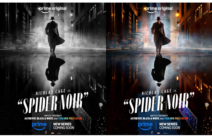 A man in a trench coat walks down a rainy alley, reflecting in a puddle. One image is in black and white, the other in color. Text reads "Nicolas Cage in Spider Noir," promoting a new Prime series. The ambiance is mysterious and dramatic.