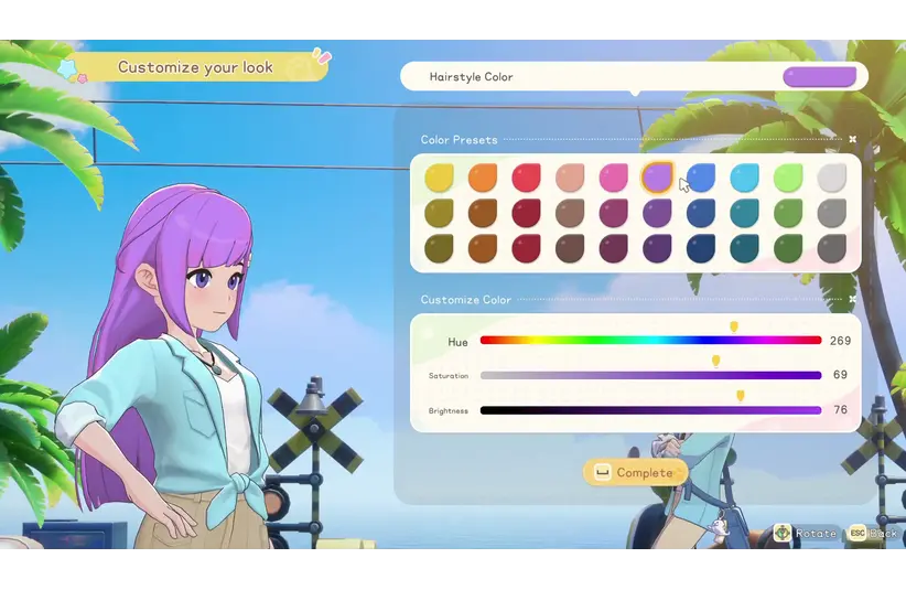 Screenshot from Starsand Island showing hair colors during character customization, Life Sim, Seed Sparkle Lab