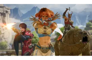Three Highguard characters are in an action pose. A woman aims a weapon, another crosses her arms, and a man rides a bear. Mountains and trees in the background.