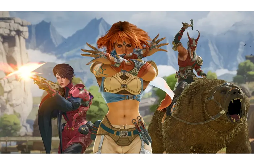 Three Highguard characters are in an action pose. A woman aims a weapon, another crosses her arms, and a man rides a bear. Mountains and trees in the background.