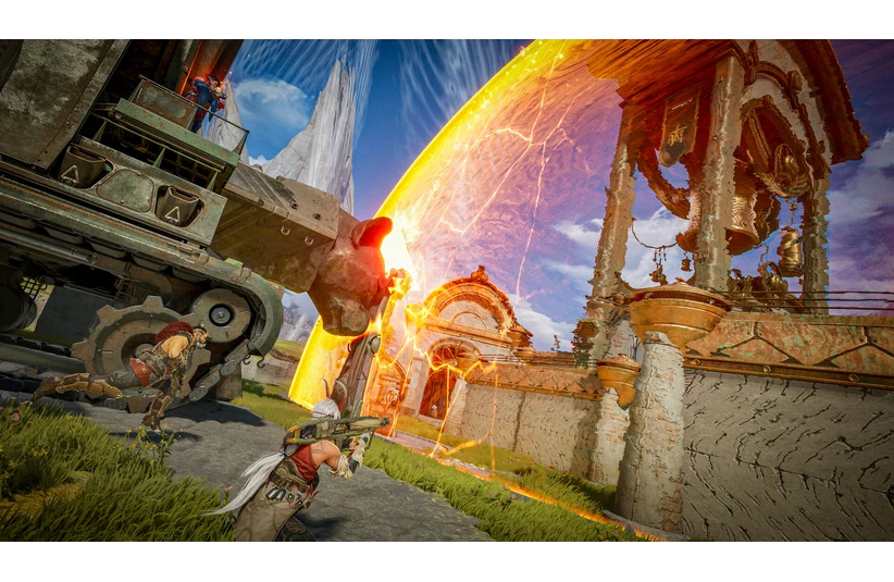 A Highguard battle scene showing warriors armed with guns taking cover behind a large, mechanical vehicle. An orange energy shield protects a towering, ornate structure in the background. The mood is intense and action-filled.