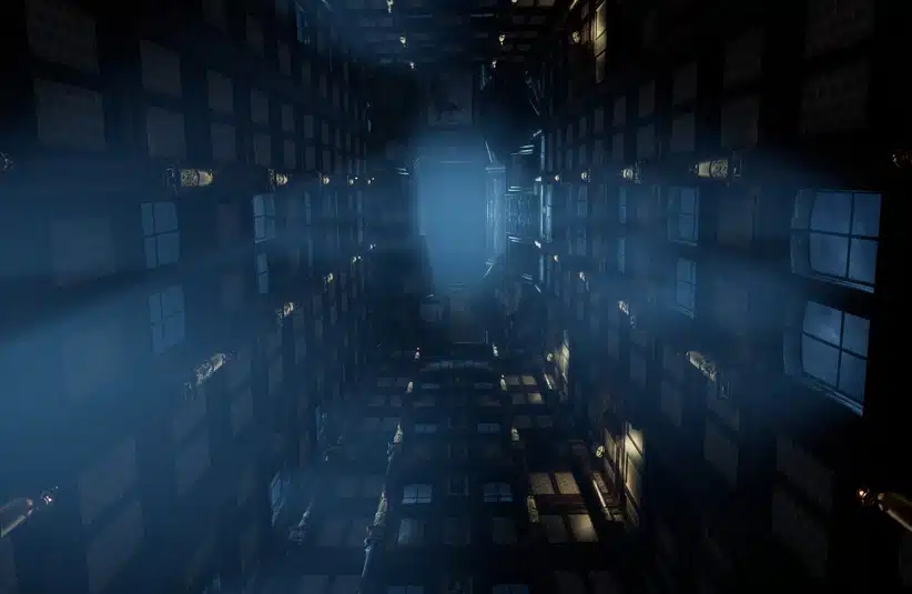 A dimly lit, tall, narrow building with fog and shadows. Light beams highlight ornate walls, windows, and framed pictures, creating a mysterious ambiance. Inner Voice