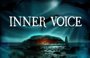 Dark, eerie image of an island at night with choppy waters and a glowing, mysterious light. Text: "Inner Voice" in large, bold font above.