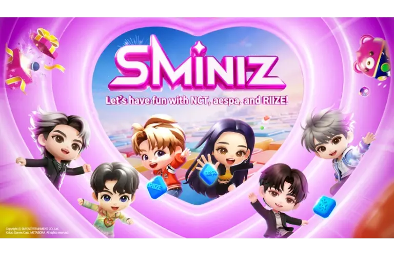 Animated characters of NCT, aespa, and RIZE are inside a pink heart frame with the text "SMINIZ" above. The scene is cheerful and colorful.